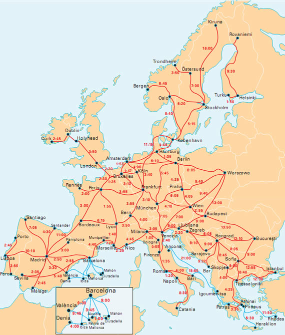 Mappa InterRail degli orari ferroviari europei